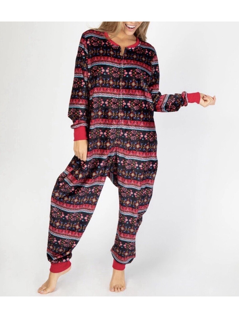 Natural Life Women’s Medium Fleece Jumpsuit Lounge Wear Floral Boho Cabin‎